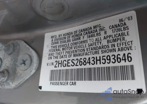 2003 Honda Civic Ex z USA, uszkodzony, nr VIN 2HGES26843H593646